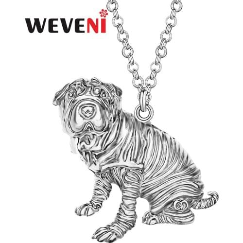 WEVENI Alloy Plated Antique Silver Shar Pei Dog Necklace Metal Lovely Pet Pendant Chain Jewelry For Kid Lover Girl Fashion Gift