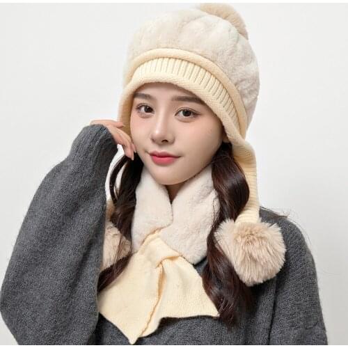 New Women Casual Winter Hat With Brim Outdoor Keep Warm Suit Hat Scarf Set For Female Street Thick Knitted Hat