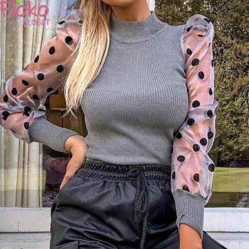 Flokocloset Sexy Mesh Stitching Knitted Half Turtleneck Sweater Casual Autumn Puff Sleeve Dot Print Slim Pullovers Jumpers