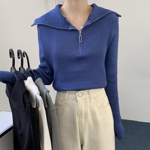 2021 Turn-down Collar Knitted Sweater Women Zippers Pullover Women Sweaters Spring Autumn Long Sleeve Top Solid Slim Pull Femme