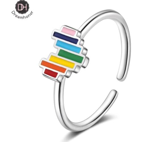 Dreamhonor 925 Sterling Silver Woman Fashion Jewelry High Quality Rainbow Crystal Zircon Heart Ring Adjustable Size Open Rings