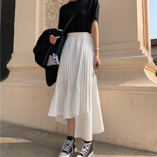 Irregular Skirt Female Summer High Waist Loose White Pleated Skirt Spring and Autumn Mid-length A-line Crotch Fairy Skirt