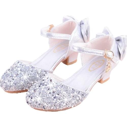 Teens Girls Summer High Heel Silver Pink Sequins Glitter Princess Sandals Shoes For Girls School Wedding Party Dance Shoes New
