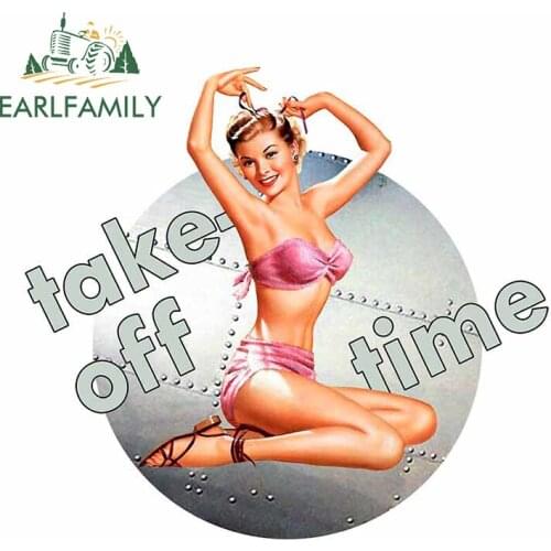 EARLFAMILY 13cm x 12cm for Pin Up Girl Take Off Time Cartoon Car Stickers Waterproof Sunscreen Decal Personality Vinyl Car Wrap