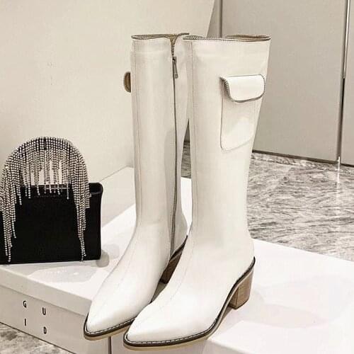 Classic Fashion New Womens Boots Thick Heel Pointed Toe Thigh boot British Style Retro Simple Femmes Bottes All-match Trendy