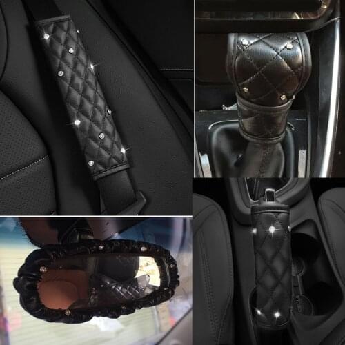 Leather Crystal Diamond Car Gear Shifter Covers Automobile Hand Brake Seat Belt Cover Rearview Mirror Cover Interior Accessories