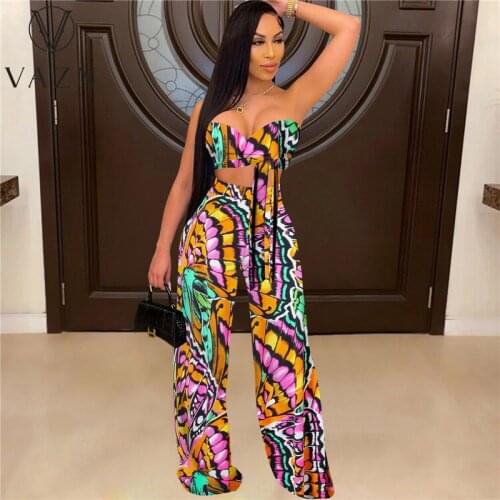 VAZN Summer 2021 European and American Womens Printed Two-Piece Pantsuit With Neck, Chest, Wrap, Back and Wide Legs