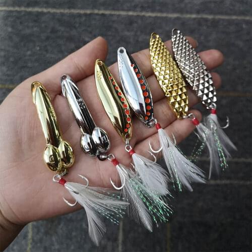 HENGJIA 1pcs 10g 15g 20g Metal Spinner Spoon Fishing Lure Pike Bass Artificial Hard Bait Sharp Feather Hook Sequins Gold Silver