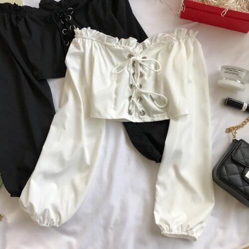 Fashion Women Strapless Tee Shirts Sexy Ruffles Long Sleeve Shirts Casual Womens Lace Up T-Shirts For Women Short Tops Tees