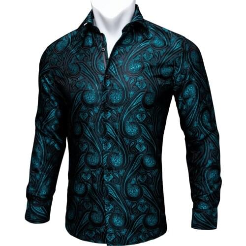Barry.Wang Green Silk Vintage Shirt for Men Long Sleeve Black Spring Autumn Casual Dress Party Shirt Collar Slim Fit Male
