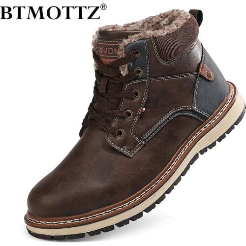 Genuine Leather Mens Boots Thick Fur Warm Ankle Boots Men Winter Work Shoes Waterproof Military Combat Snow Boots Plus Size 47