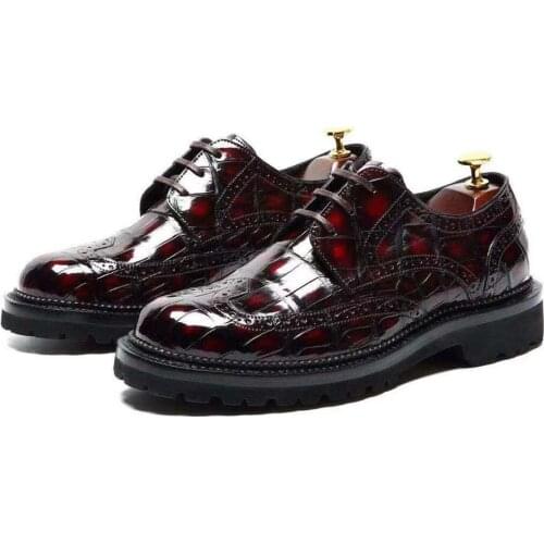 Chue new men shoes crocodile leather belly skin men dress shoes men formal shoes wine red Brush color Rubber soles