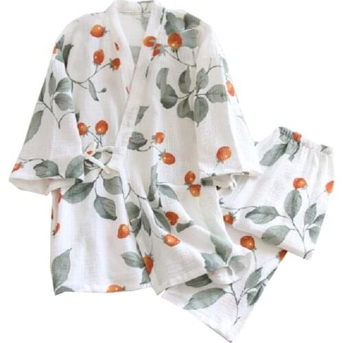2021 Spring New Ladies Soft Loose Thin Gauze Cotton Japanese Kinomo Style Pajamas Set Comfort 2PCS Cherry Tomatoes Print Homewar