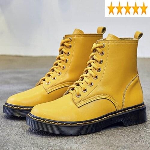 Solid New Fashion Color Women Lace Up Leather Ankle Preppy Student Girls Casual High Top Flats Shoes Woman Biker Boots