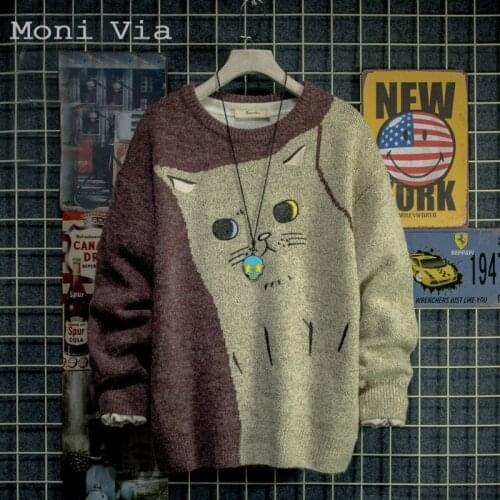 2021 Autumn Casual Color Block Sweater Cartoon Cat Mens Plus Velvet Pullovers Young Students O Neck Bottoming Cotton Sweater