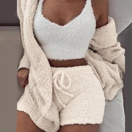 2020 utumn Winter Women Plush Sexy V-Neck Vest Shorts Long Sleeve Jacket Coat Set Womens Clothing спортивный костюм женск
