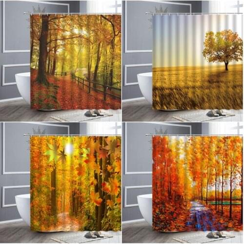 Autumn Scenery Shower Curtain Maple Forest Golden Yellow Red Natural Landscape Waterproof Cloth Home Bathroom Decor Curtains Set