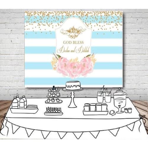 Custom first communion blue and white striped striped flower leaves gold polka dot backdrop Computer print party background