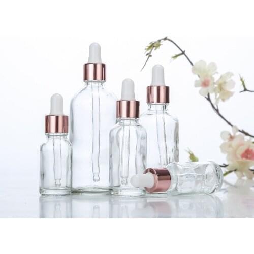 Transparent Dropper Glass Rose Gold Lid Aromatherapy Liquid Essential Massage Oil Pipette Refillable Bottle 10/15/20/30/50/100ML