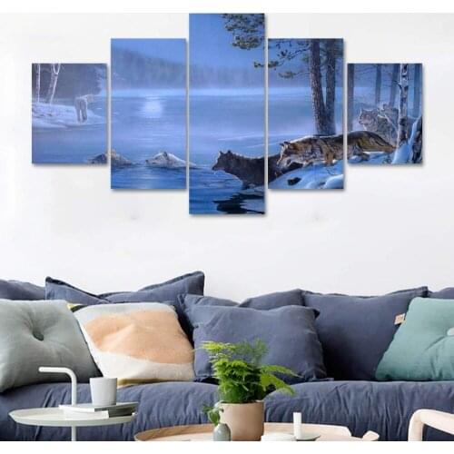 Modern On The Wall Art Pictures 5 Pieces Forest Lake Animal Wolf Living Room Home Decor Abstract Painting On Canvas