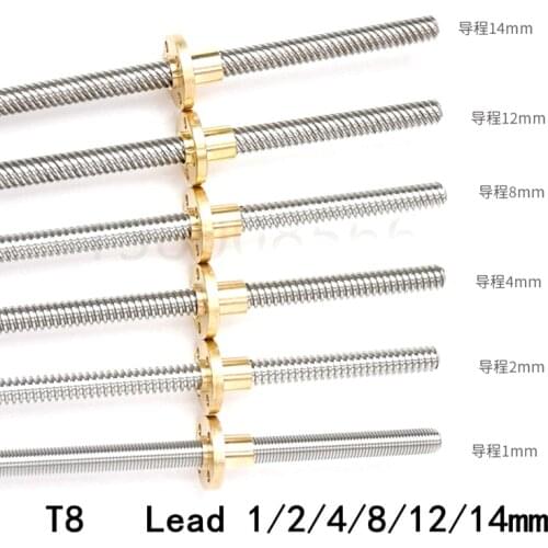 3D Printer Shaft Trapezoidal Rod T8 Lead Screw 8mm Linear Shaft with Brass Nut Length 100/400/500/550mm Stepper Motor Driving