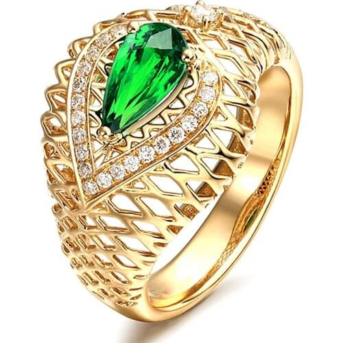 Vintage carving emerald gemstones green crystal rings for women zircon diamond yellow gold color jewelry bijoux bague party gift