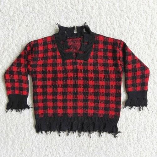 High Quality Autumn Winter Long Sleeve Outwear Toddler Girls Fashion Red And Black Plaids Sweater With Tassel