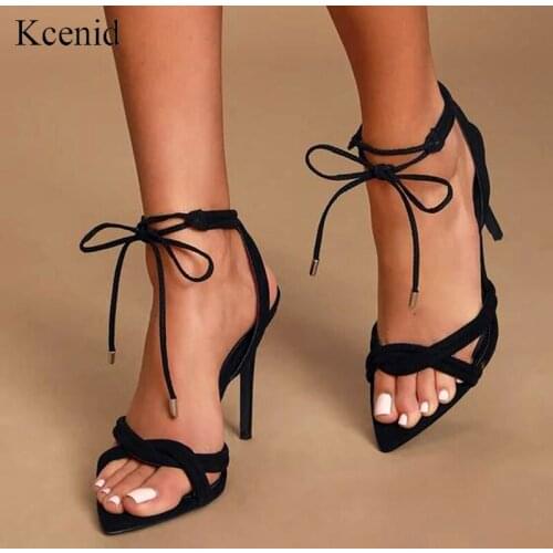 Kcenid Neon green black stretch fabric lace-up high heels sandals women ankle strap pointed toe summer shoes woman party pumps