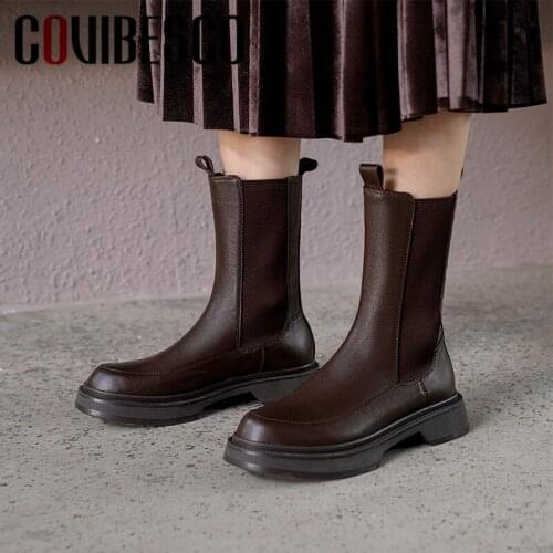 COVIBESCO 2021New Woman Ankle Boots Sinple Boots Autumn Winter Warm Genuine Leather Basic Shoes Woman Sexy Motorcycle Boots