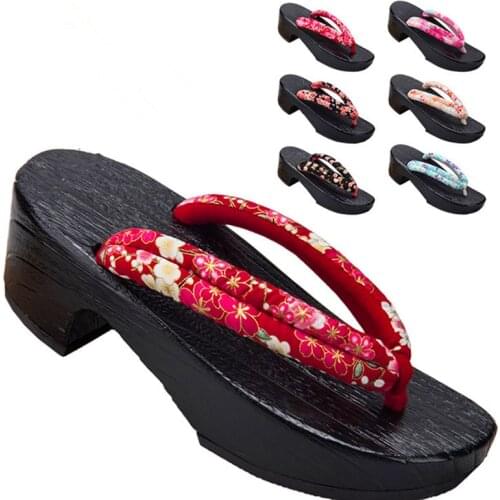 2019 New Womens Summer Wood Sandals High Heel Floral Prints Casual Flip Flops Beach Slippers Classic Japan Geta Cosplay Shoes