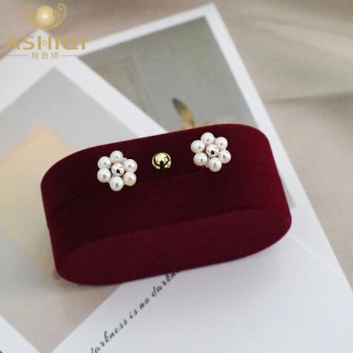 ASHIQI Natural freshwater pearl small flower Stud earrings 925 sterling silver Wedding 2021 New Jewelry for women