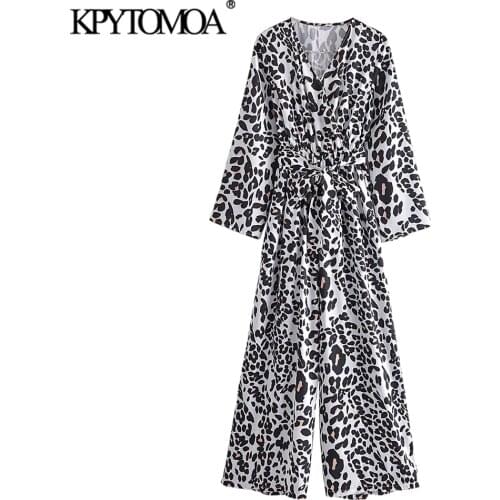 KPYTOMOA Women 2021 Fashion With Belt Leopard Print Jumpsuits Vintage Long Sleeve Elastic Waist Female Playsuits Mujer