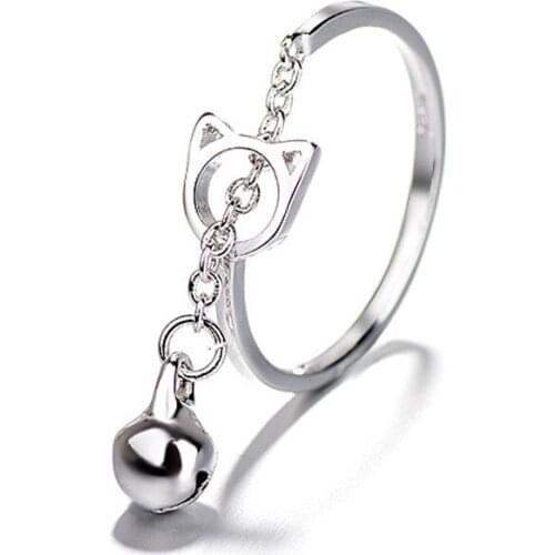 Silver Color Cute Cat Girl Ring Open Adjustable Rings Tassel Bell Finger Rings For Women Anti allergy Jewelry Women Gift
