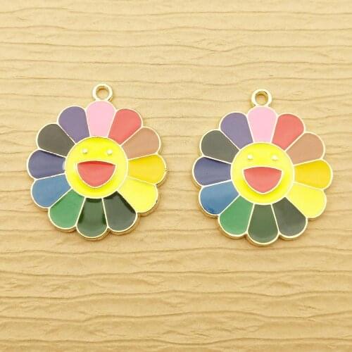 10pcs 25x29mm enamel smile sunflower charm for jewelry making fashion earring pendant cute necklace charm bracelet charms
