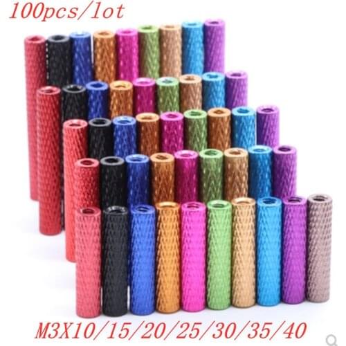 100pcs/lot M3*10/15/20/25/30/35/40 full knurled Multi-color Aluminum Standoff spacer