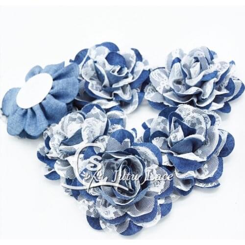 15 pcs/lot , 3.75'' shabby denim flowers , denim flowers with white lace for hair accessories headband