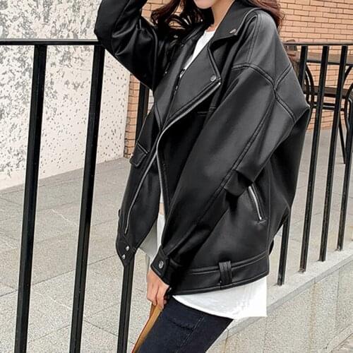 2021 Fashion Oversized Coat Women Faux Leather Jacket Spring Autumn Loose Biker Motorcycle Jackets Female Punk Streetwear