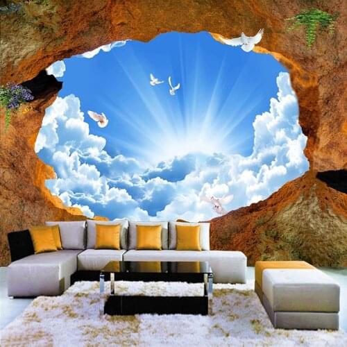 3D Nature Landscape Blue Sky White Clouds Cave Stone Wall Large Mural Wallpaper Painting Living Room Bedroom Photo Background