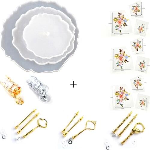 9pcs Three Layer Tray Resin Mold Coaster Mold Bracket Resin Mold DIY Cake Rack Silicone Gold Foil Sticker Package