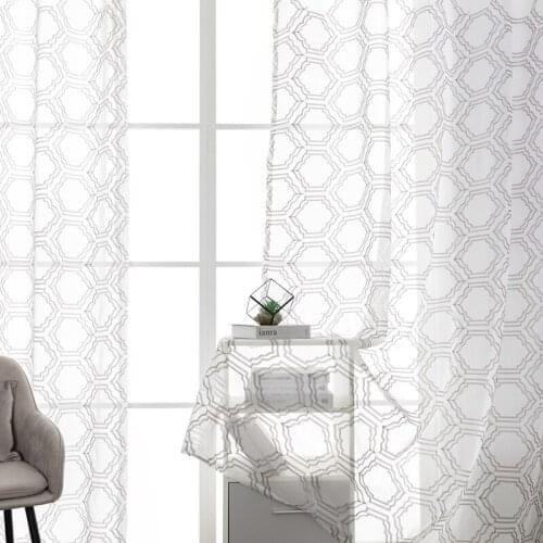 White Geometric Embroidered Sheer Curtains Tulle Voile Curtains for Living Room Bedroom Kitchen Window Treatment Drapes