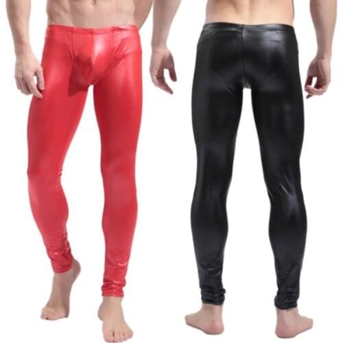Top Quality Mens Black/Red Faux Patent Leather Skinny Pencil Pants PU Latex Stretch Leggings Men Sexy Clubwear Bodywear Trousers