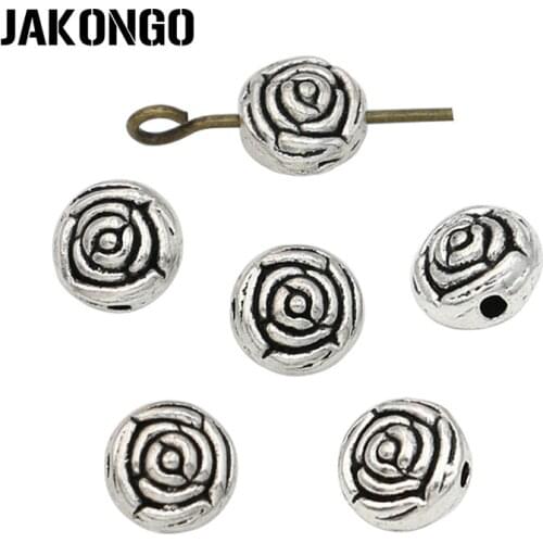 JAKONGO Rose Flower Spacer Beads Antique Silver Plated Loose Beads for Jewelry Making Bracelet DIY Handmade Craft 30PCS
