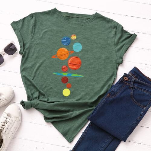 Women Short Sleeve Cotton T-Shirts Graphic Tees Summer Tee Tops for Female Casual Oversized Clothes Planet Print Top Streetwear
