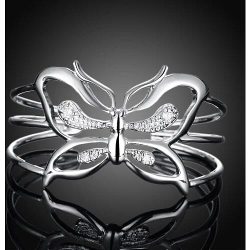 Hot AAA Zircon big Butterfly wide bangles 925 Sterling Silver cuff Bracelets for Women Fashion wedding Party Jewelry Gifts
