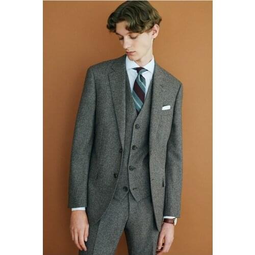 2018 Tailored Smoking Grey Tweed Suit Men Groom Tuxedo Wedding Suits Slim Fit 3 Piece Formal Custom Prom Blazer Terno Masculino