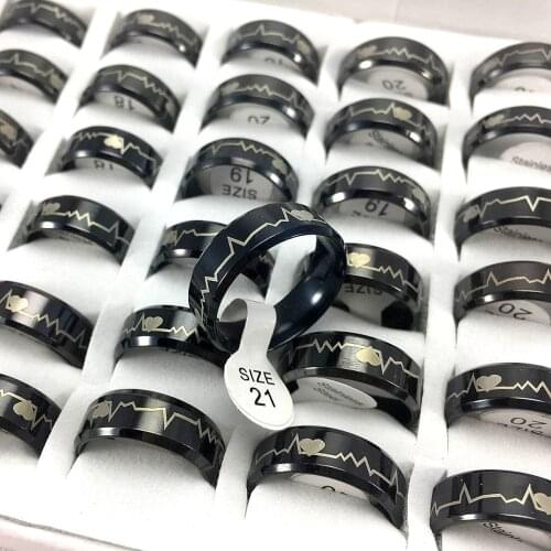 Wholesale 36 Pcs/lot ECG pattern Stainless steel Rings Mens ring polished inside