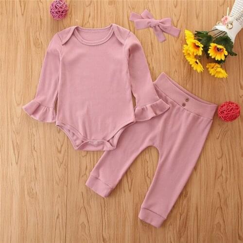 Newborn Baby Clothes Solid Color Baby Rompers+Pant+Band 3pcs set Cotton Long Flare Sleeve Toddler Romper Infant Clothing 3-24M