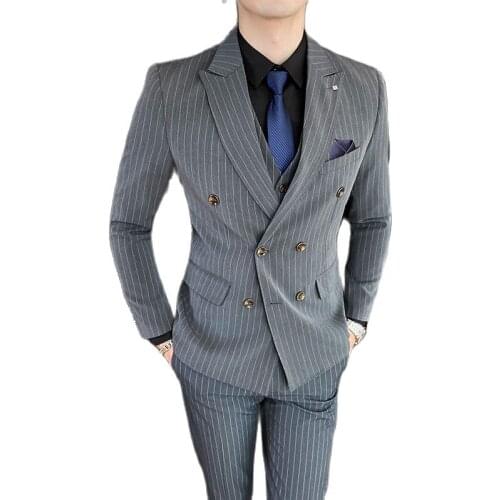 Jacket + Pants ) Luxury Boutique Fashion Striped Mens Formal Business Suit 2 Piece Set Groom Wedding Stage Party Dance Dress
