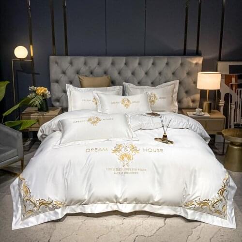 White Washed Silk Cotton Golden Embroidery Europe Royal Bedding Set Duvet Cover Flat/Fitted Sheet Bedspread Linen Pillowcases