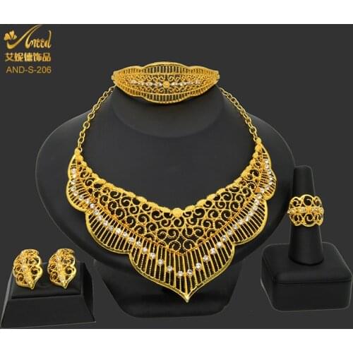 Dubai Gold Jewelry Sets For Women 24k Gold Color African Necklace Bracelet Earring Ring Set Crystal Ethiopian Wedding Ornament